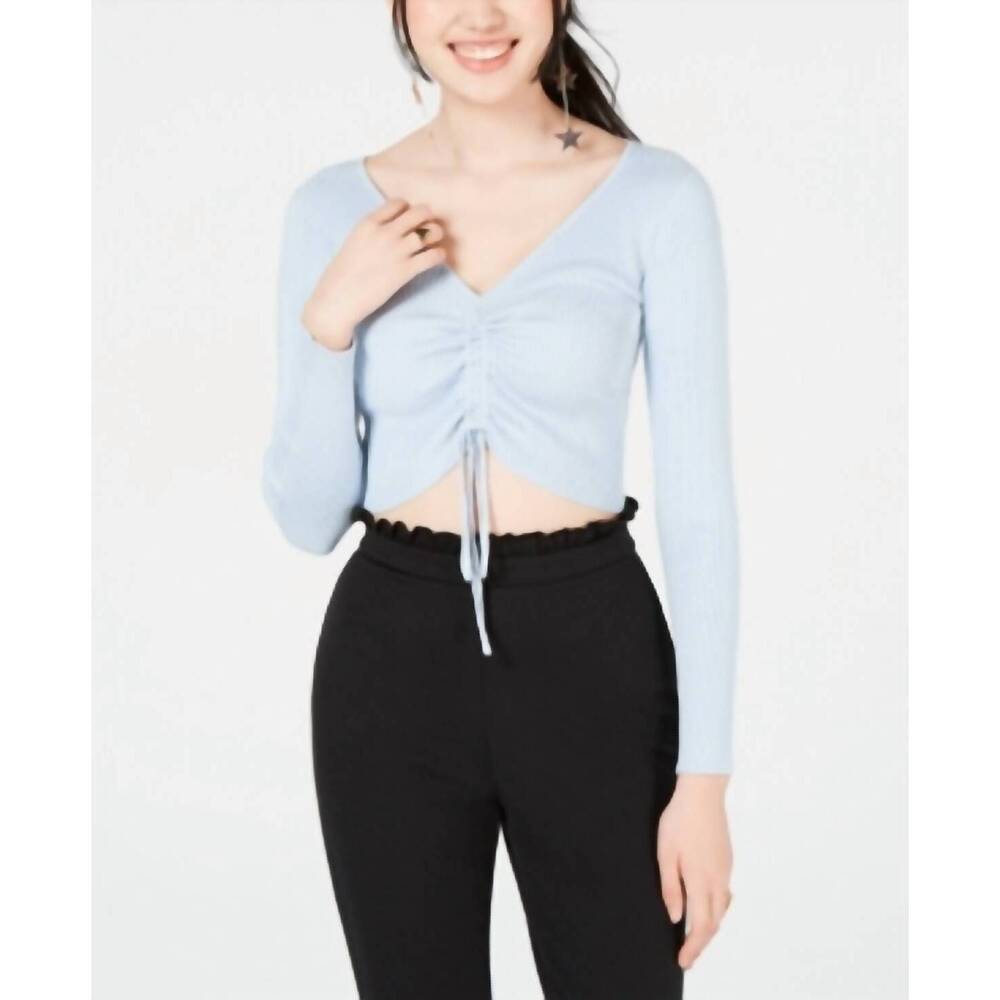 NEW MATERIAL GIRL juniors ruched front cropped sweater in skyway